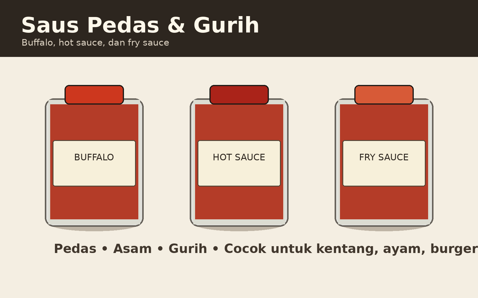 Ilustrasi buffalo sauce, hot sauce, dan fry sauce
