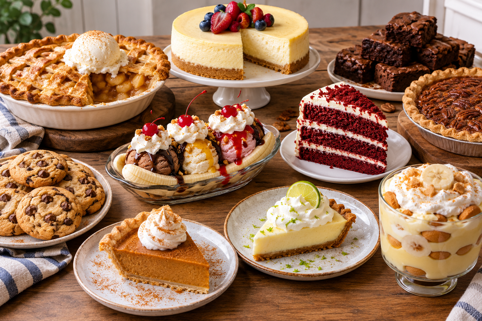 Ilustrasi 10 dessert Amerika dengan apple pie, cheesecake, brownies, pecan pie, red velvet cake, banana split, cookies, pumpkin pie, key lime pie, dan banana pudding