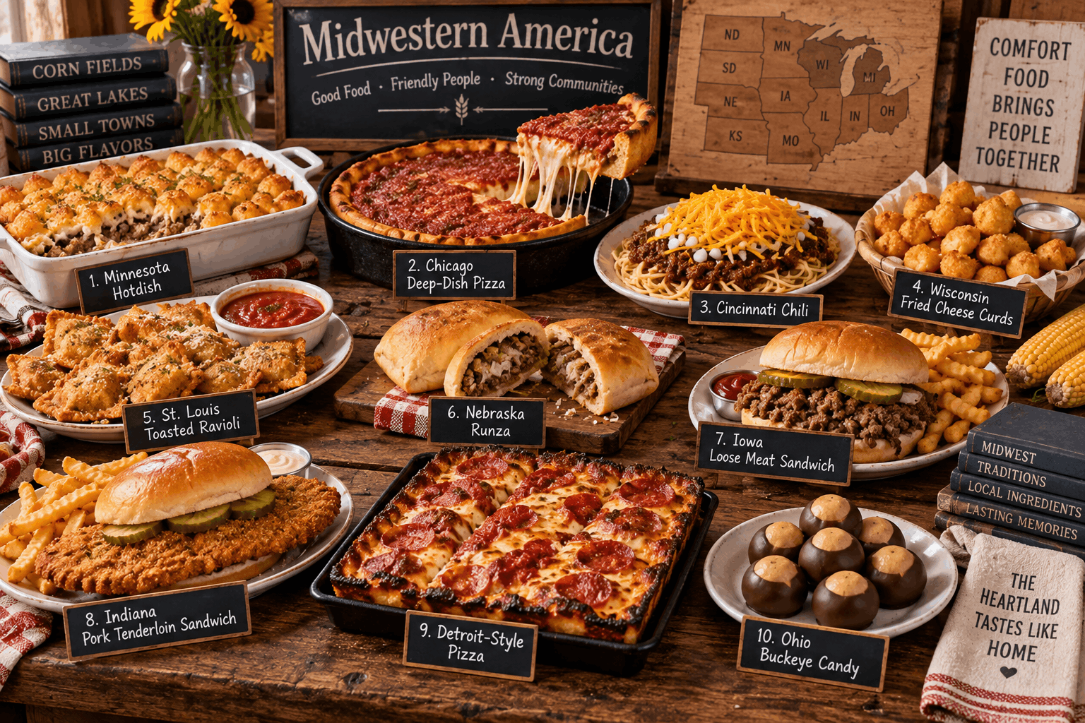 Ilustrasi 10 hidangan khas Midwestern Amerika seperti hotdish, deep-dish pizza, Cincinnati chili, cheese curds, toasted ravioli, runza, loose meat sandwich, pork tenderloin sandwich, Detroit-style pizza, dan buckeye candy