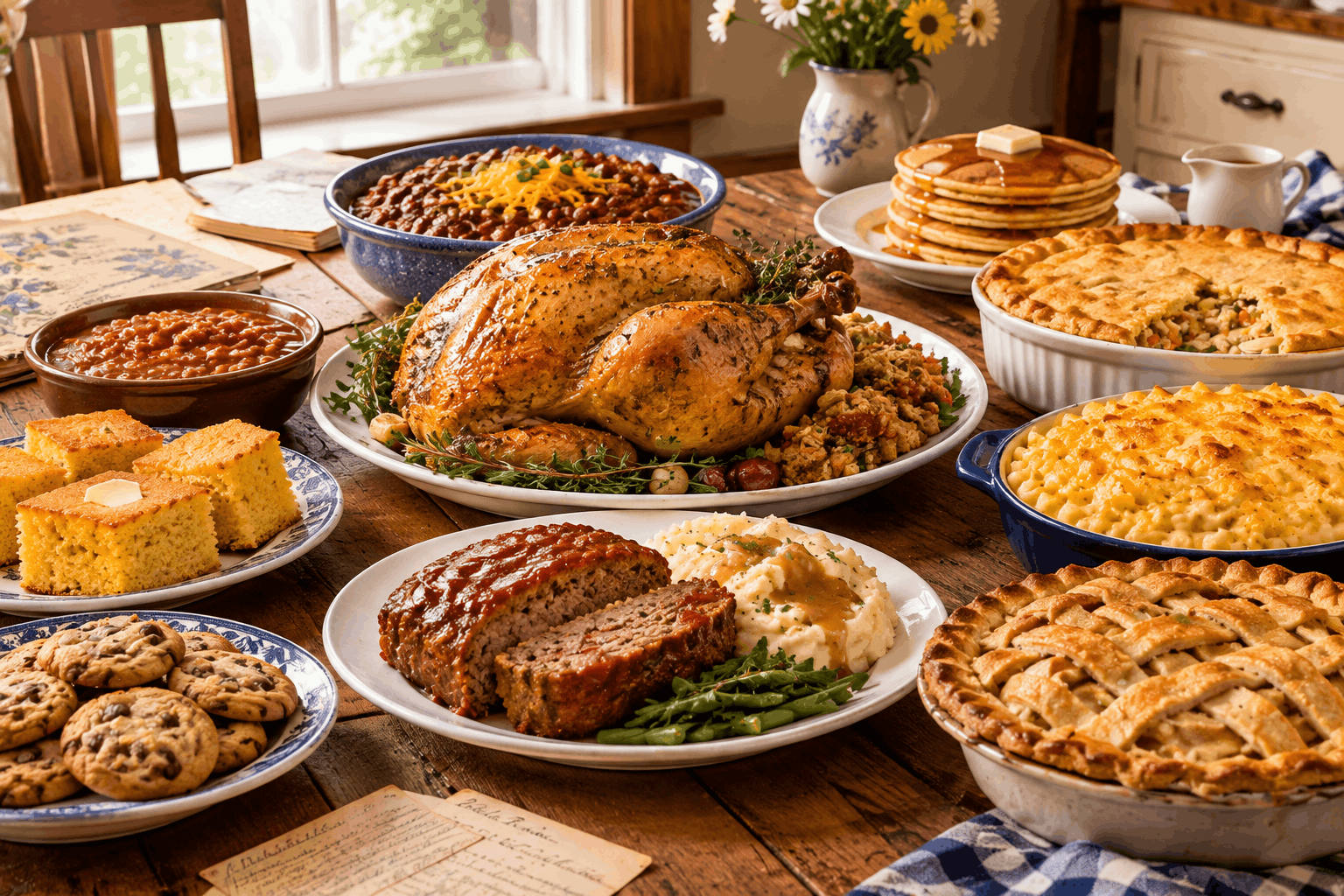 Aneka hidangan rumahan Amerika seperti turkey, meatloaf, mashed potatoes, macaroni and cheese, chicken pot pie, chili, cornbread, pancakes, baked beans, dan apple pie