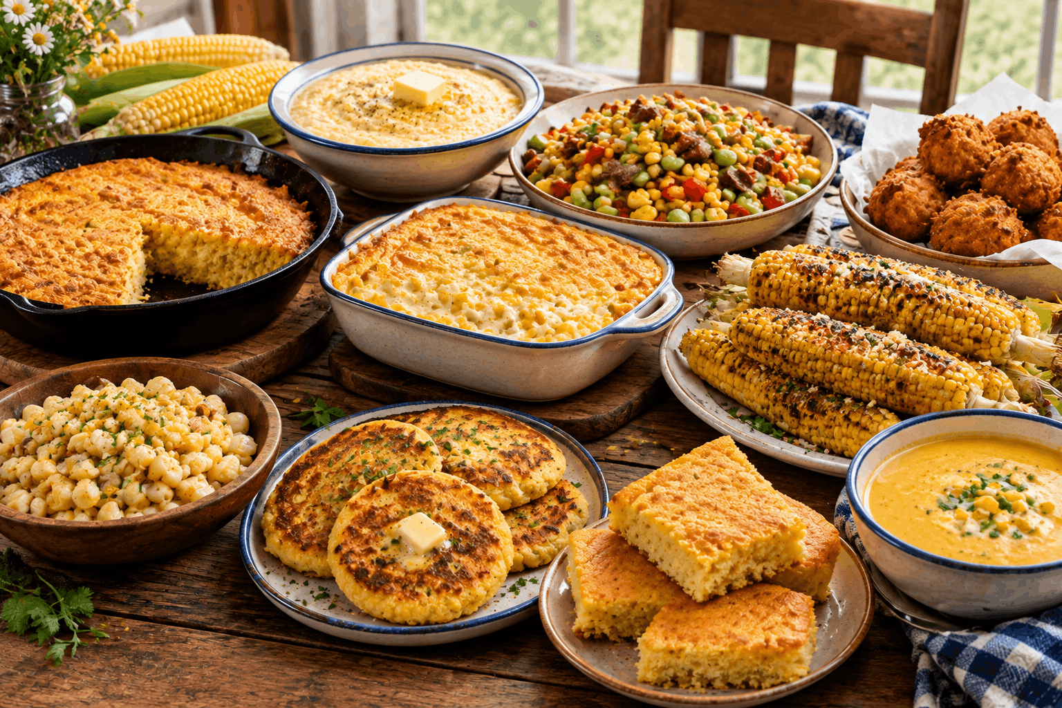 Ilustrasi makanan Amerika berbahan jagung berupa cornbread, grits, succotash, hush puppies, corn pudding, jagung bakar, hominy, corn cakes, dan corn chowder