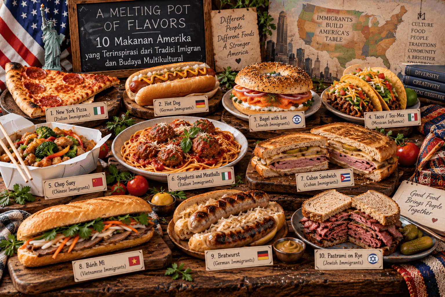 Ilustrasi makanan Amerika yang terinspirasi tradisi imigran seperti pizza, hot dog, bagel lox, tacos, chop suey, spaghetti meatballs, Cuban sandwich, banh mi, bratwurst, dan pastrami rye