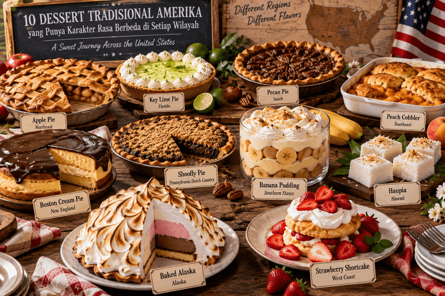Ilustrasi 10 makanan khas Amerika berbahan kentang seperti french fries, potato chips, mashed potatoes, baked potato, loaded potato skins, hash browns, potato salad, tater tots, funeral potatoes, dan latkes