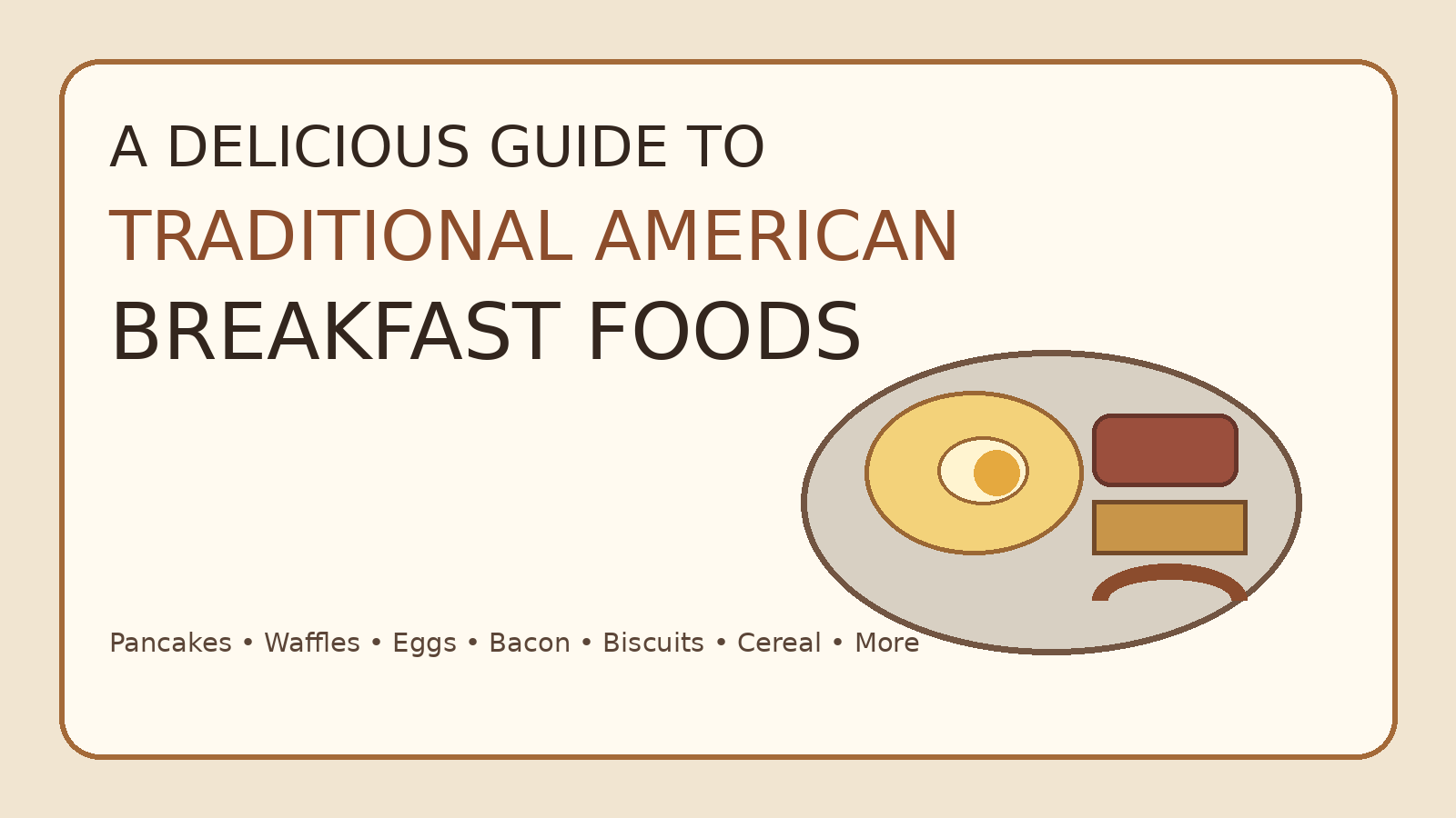 Illustration of a traditional American breakfast with eggs, pancakes and breakfast foods
