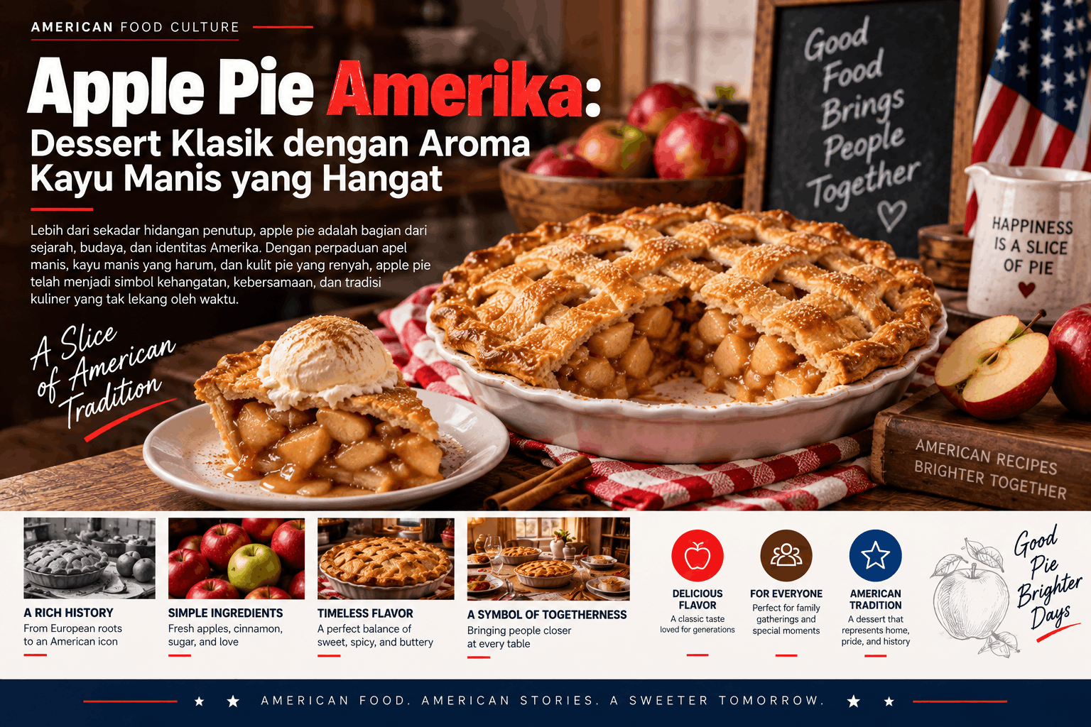 Ilustrasi apple pie Amerika dengan kulit lattice keemasan, isian apel kayu manis, satu potong pai dengan es krim vanilla, apel segar, dan suasana dapur rustic