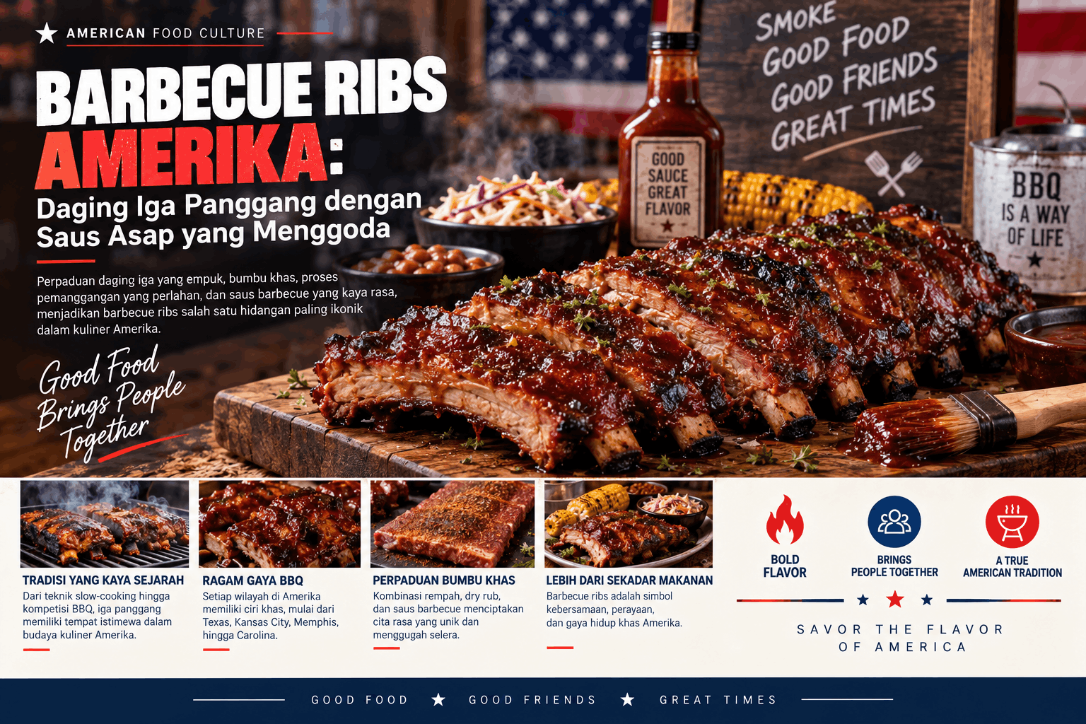 Ilustrasi barbecue ribs Amerika dengan saus asap mengilap, jagung bakar, coleslaw, baked beans, dan suasana rustic BBQ