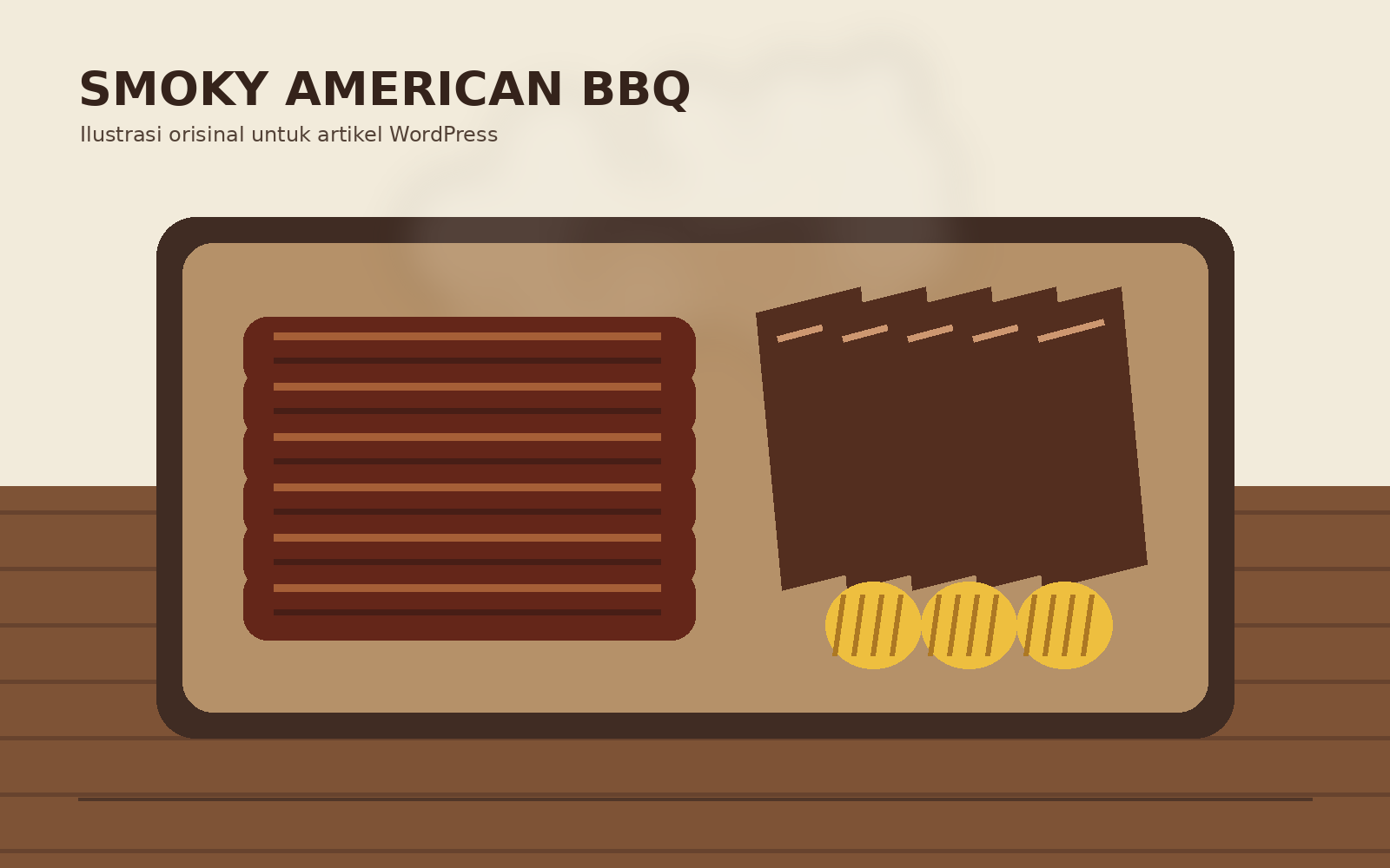 Ilustrasi platter barbecue Amerika dengan iga dan brisket beraroma smoky