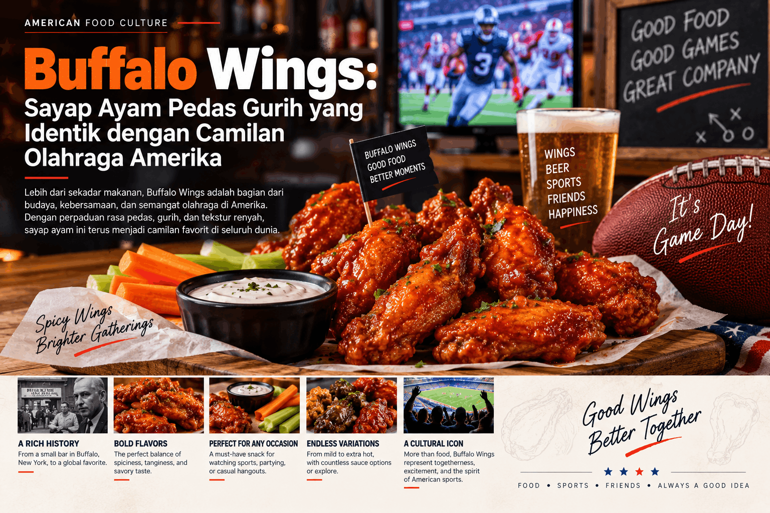 Ilustrasi buffalo wings Amerika dengan saus pedas gurih, celery sticks, wortel, saus celup creamy, bola football, dan suasana camilan olahraga