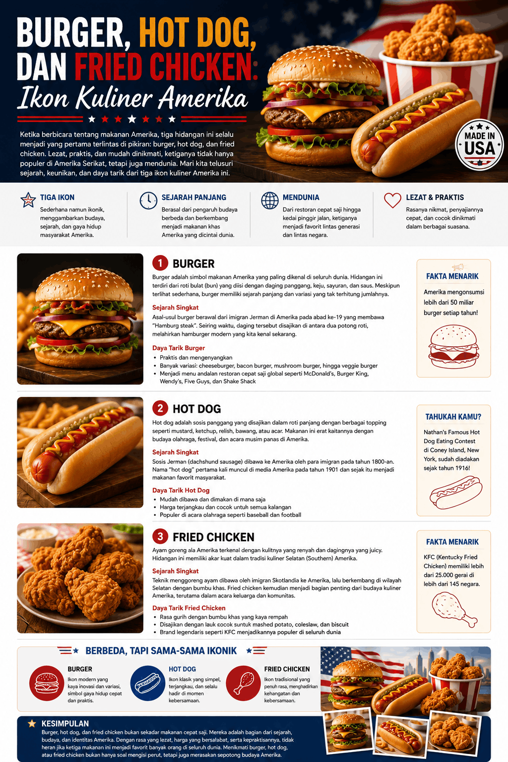 Burger, hot dog, dan fried chicken sebagai ikon kuliner Amerika