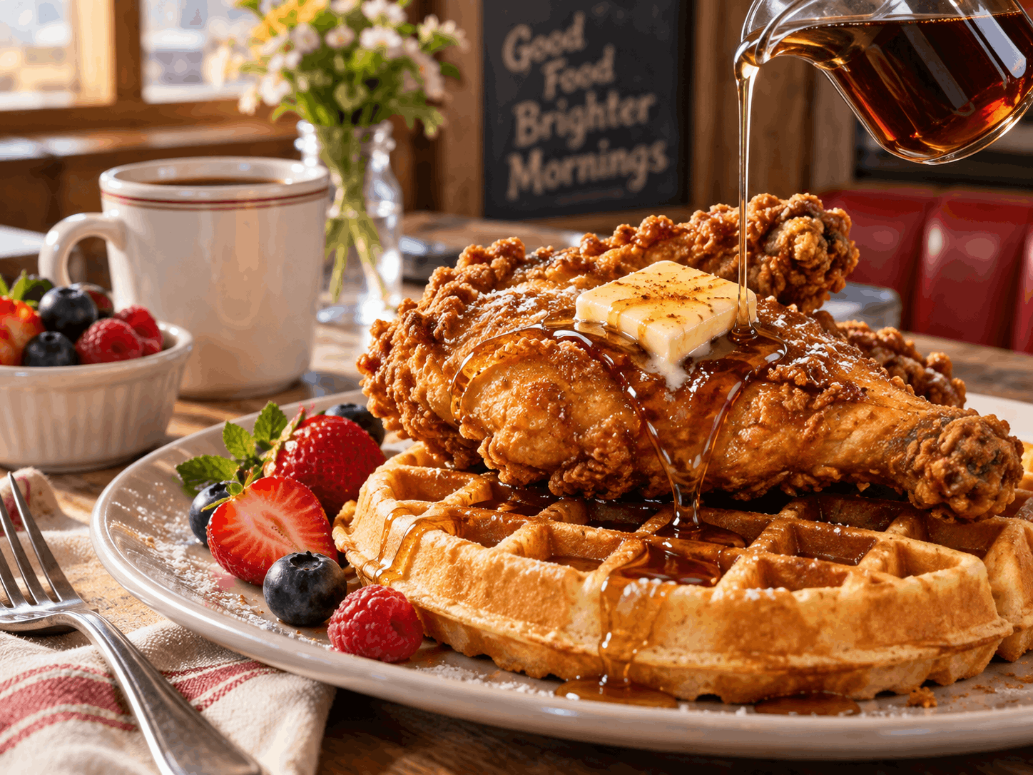 Ilustrasi chicken and waffles dengan ayam goreng renyah, waffle tebal, mentega, sirup maple, buah beri, dan suasana brunch khas Amerika
