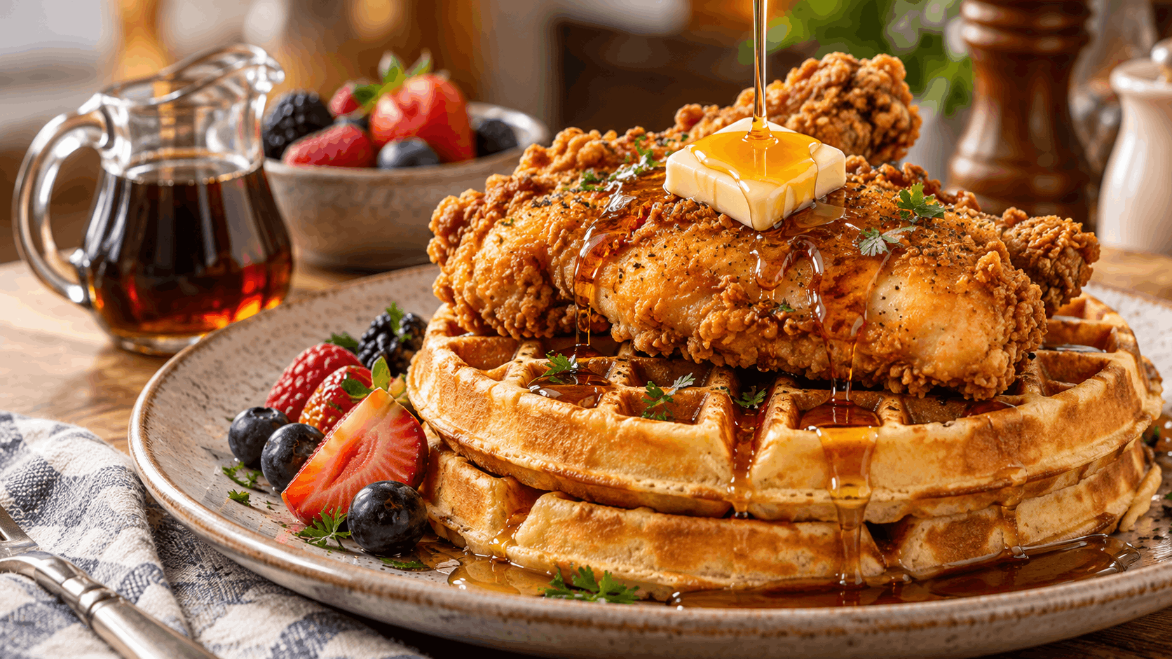 Chicken and waffles dengan ayam goreng renyah, waffle, mentega, buah beri, dan sirup maple