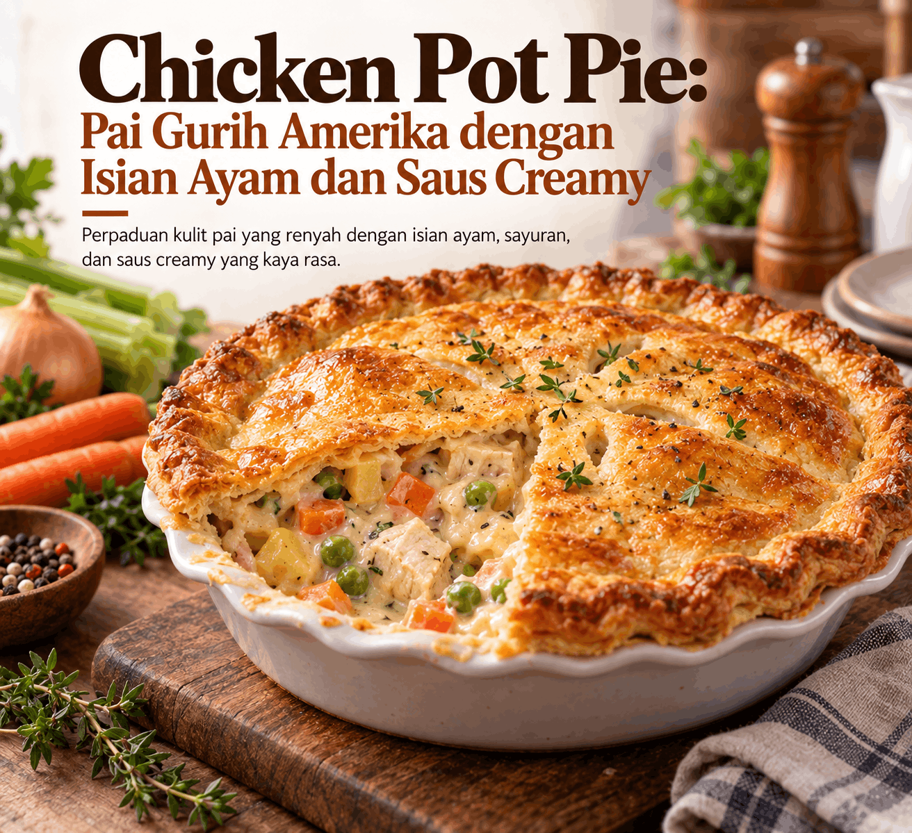 Ilustrasi chicken pot pie Amerika dengan kulit pai keemasan, isian ayam, wortel, kacang polong, kentang, dan saus creamy dalam mangkuk pai putih