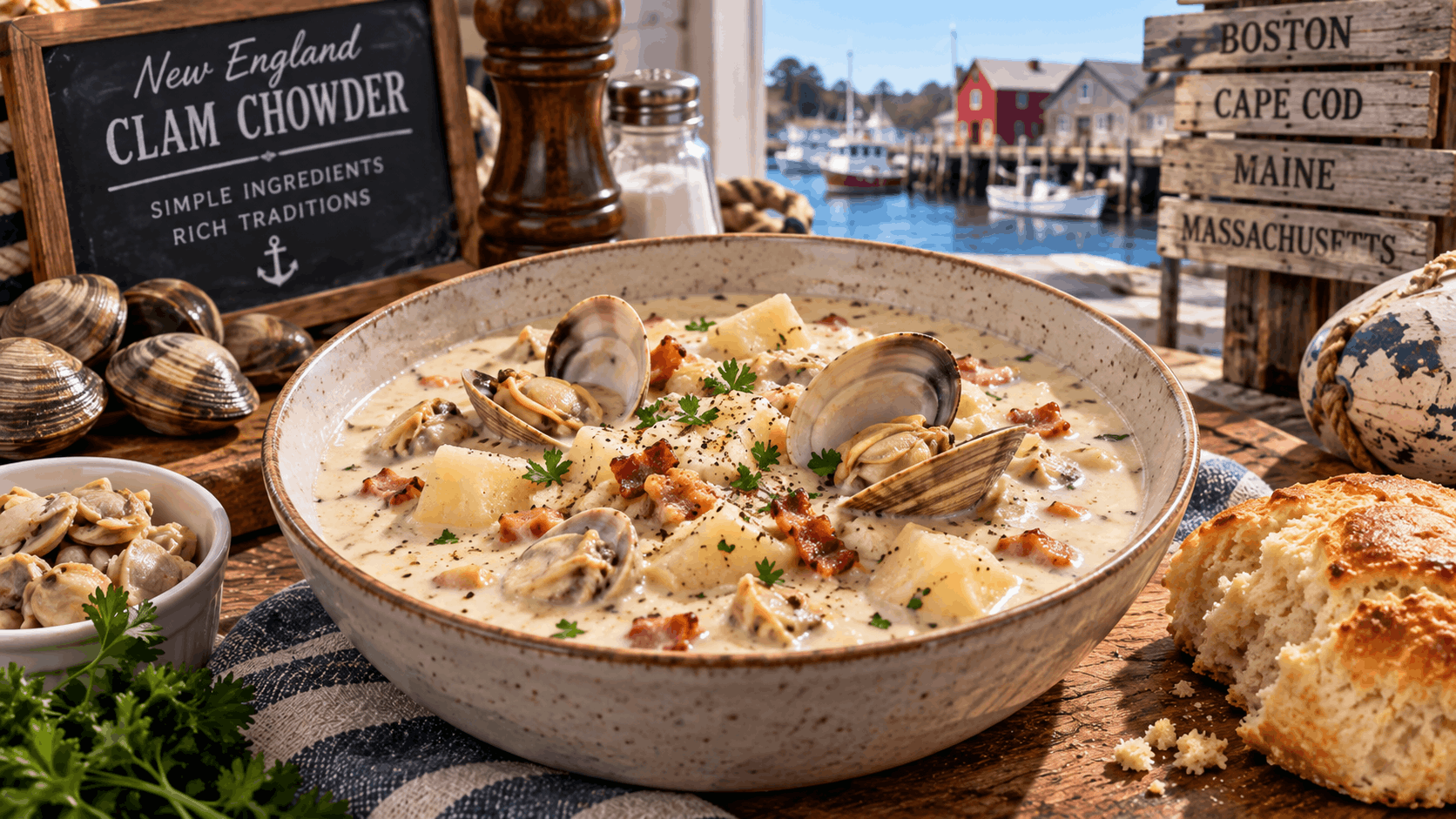 Ilustrasi New England clam chowder creamy dengan clam, kentang, bacon, parsley, dan roti di meja pesisir New England