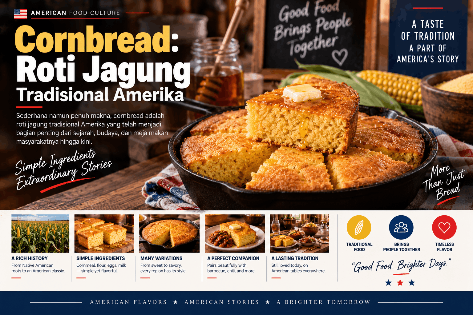 Ilustrasi cornbread roti jagung tradisional Amerika dalam skillet besi dengan mentega, madu, jagung segar, cornmeal, dan suasana dapur rustic