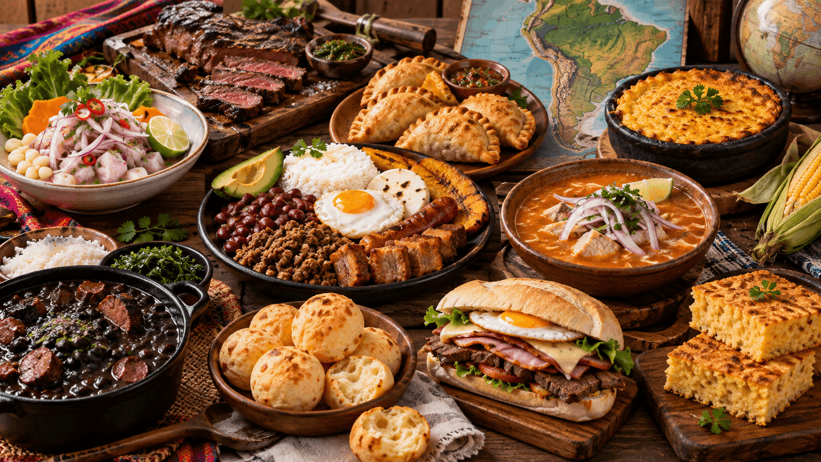 Ilustrasi semangkuk gumbo Louisiana dengan seafood, sosis, okra, rempah, dan nasi
