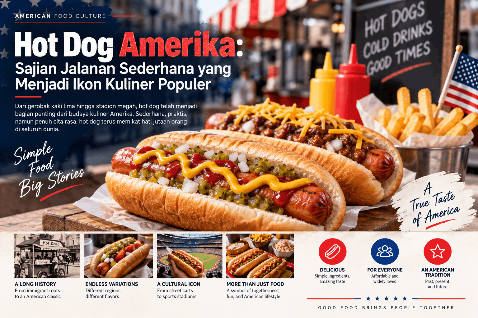 Ilustrasi hot dog Amerika dengan mustard, saus tomat, relish, bawang cincang, kentang goreng, dan suasana gerobak makanan jalanan