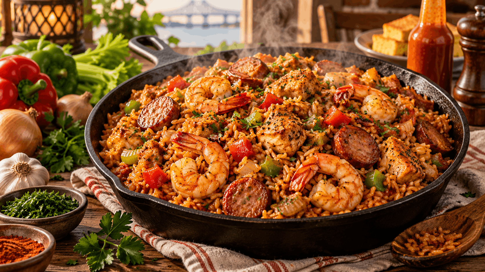 Ilustrasi jambalaya Louisiana dengan nasi berbumbu, udang, sosis, potongan ayam, paprika, seledri, dan suasana rustic khas Selatan Amerika