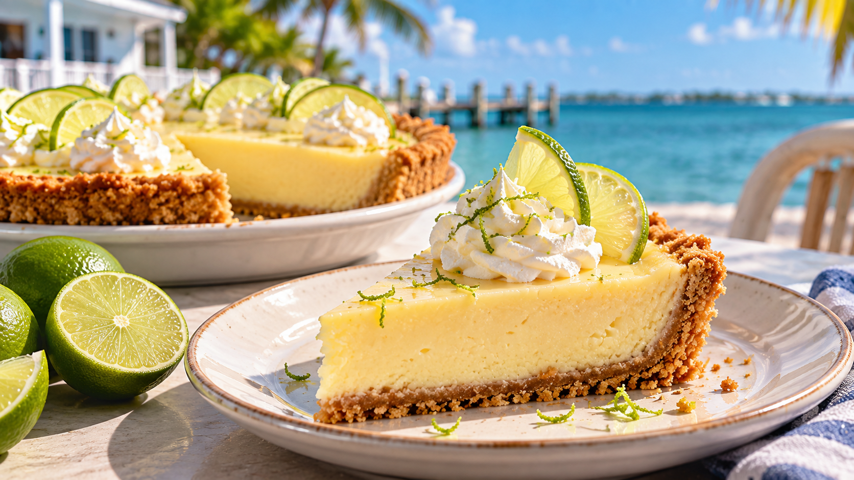 Key Lime Pie creamy dengan whipped cream, irisan lime, crust graham cracker, dan latar pantai tropis Florida