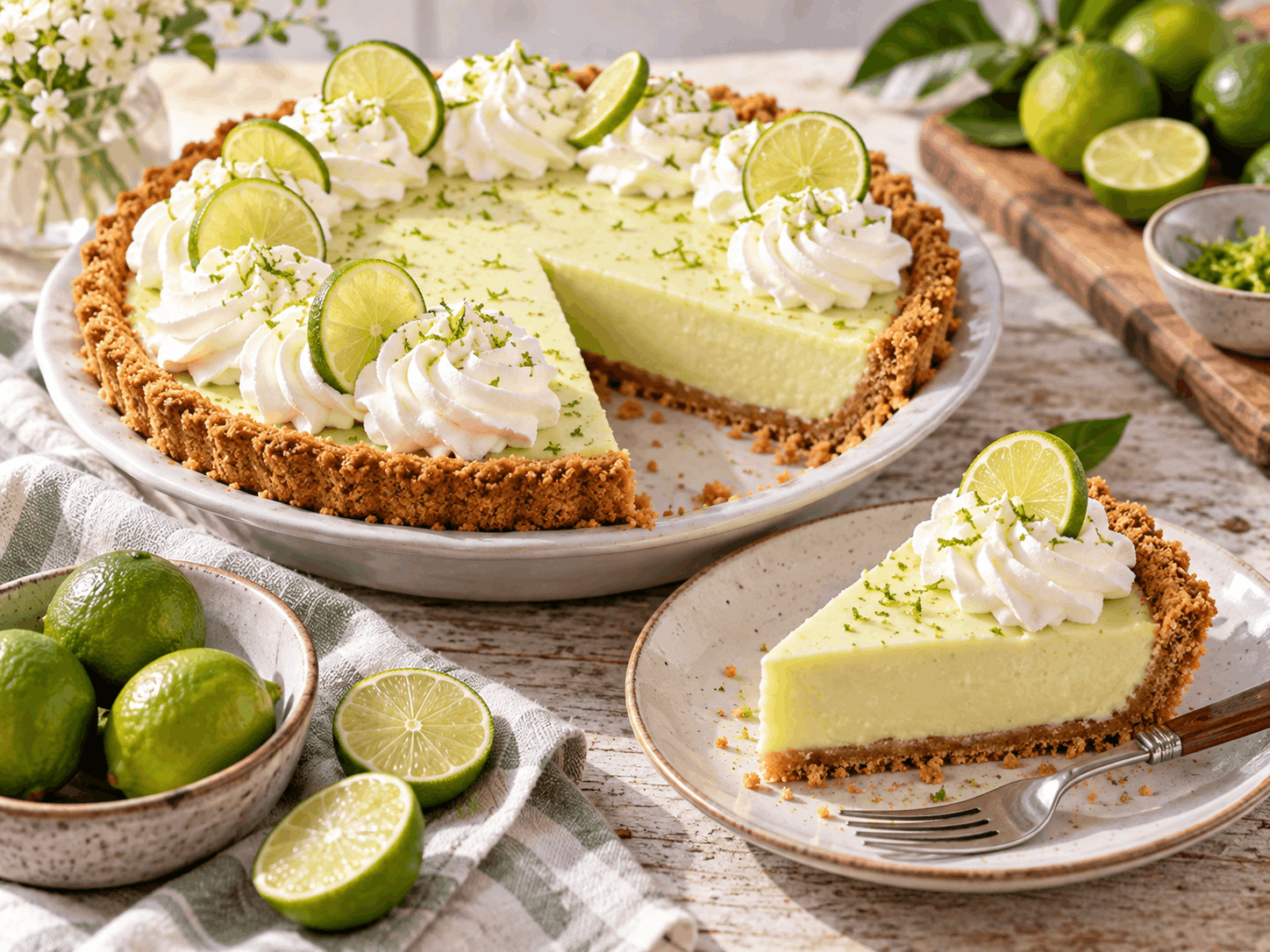 Ilustrasi key lime pie khas Florida dengan topping whipped cream, irisan jeruk nipis, kulit pai renyah, dan suasana dapur hangat yang segar
