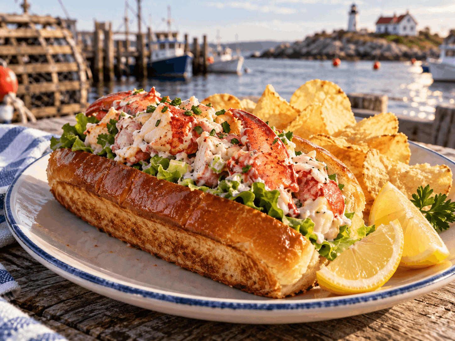 Ilustrasi lobster roll khas Amerika dengan daging lobster, roti split-top bun, keripik kentang, irisan lemon, dan latar pelabuhan pesisir timur