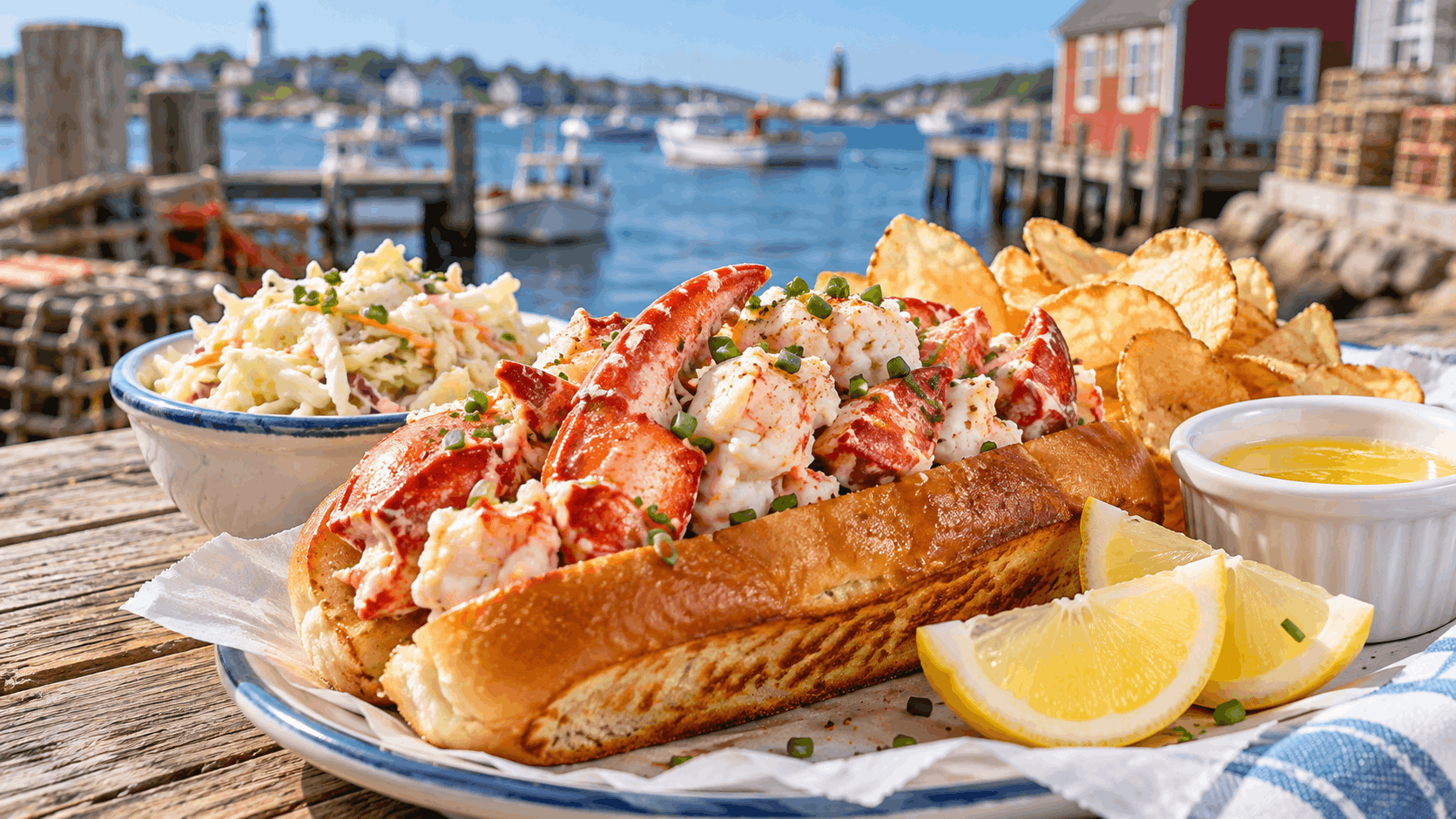 Lobster roll dengan daging lobster, roti panggang buttery, lemon, coleslaw, dan suasana pelabuhan