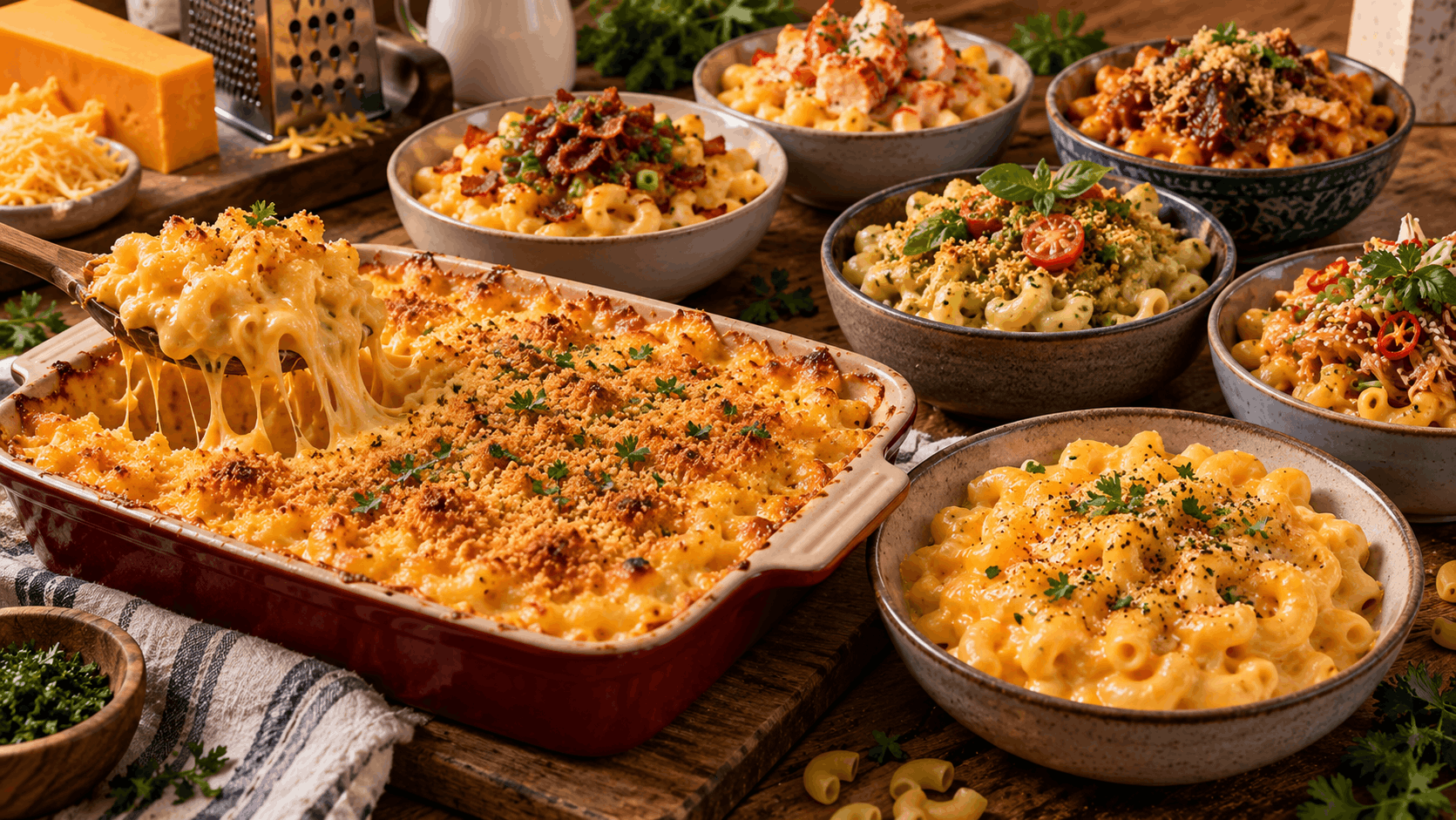 Ilustrasi berbagai gaya mac and cheese Amerika, dari baked mac and cheese klasik hingga variasi modern dengan bacon, seafood, pesto, dan topping renyah
