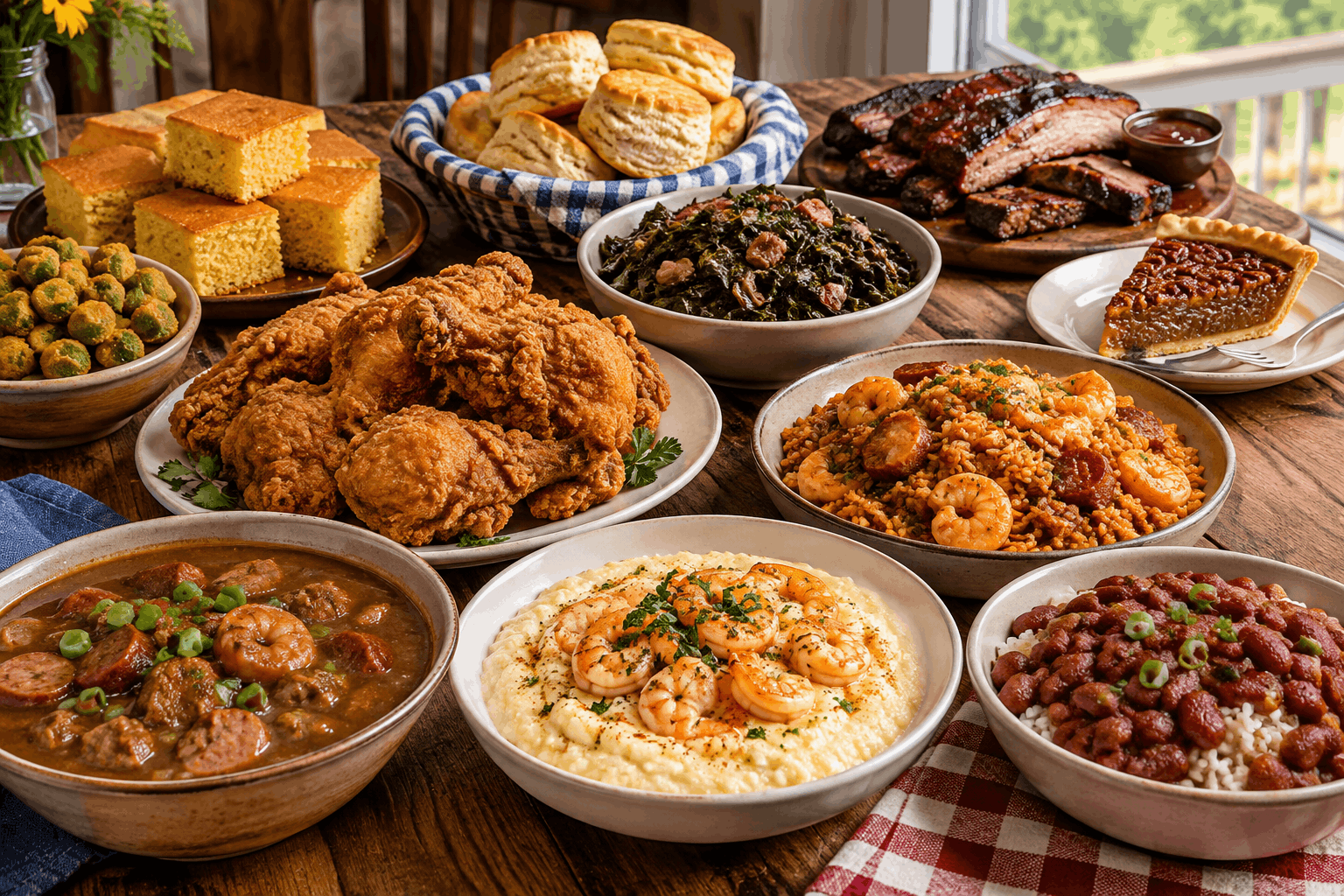 Aneka makanan khas Amerika Selatan seperti fried chicken, barbecue, gumbo, jambalaya, biscuits, collard greens, cornbread, shrimp and grits, red beans and rice, dan pecan pie
