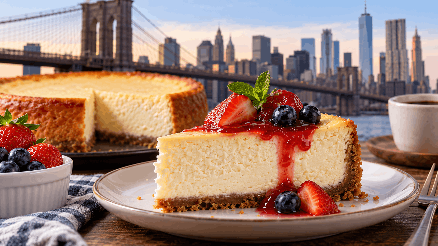 New York cheesecake creamy dengan saus stroberi, buah beri, dan latar skyline New York