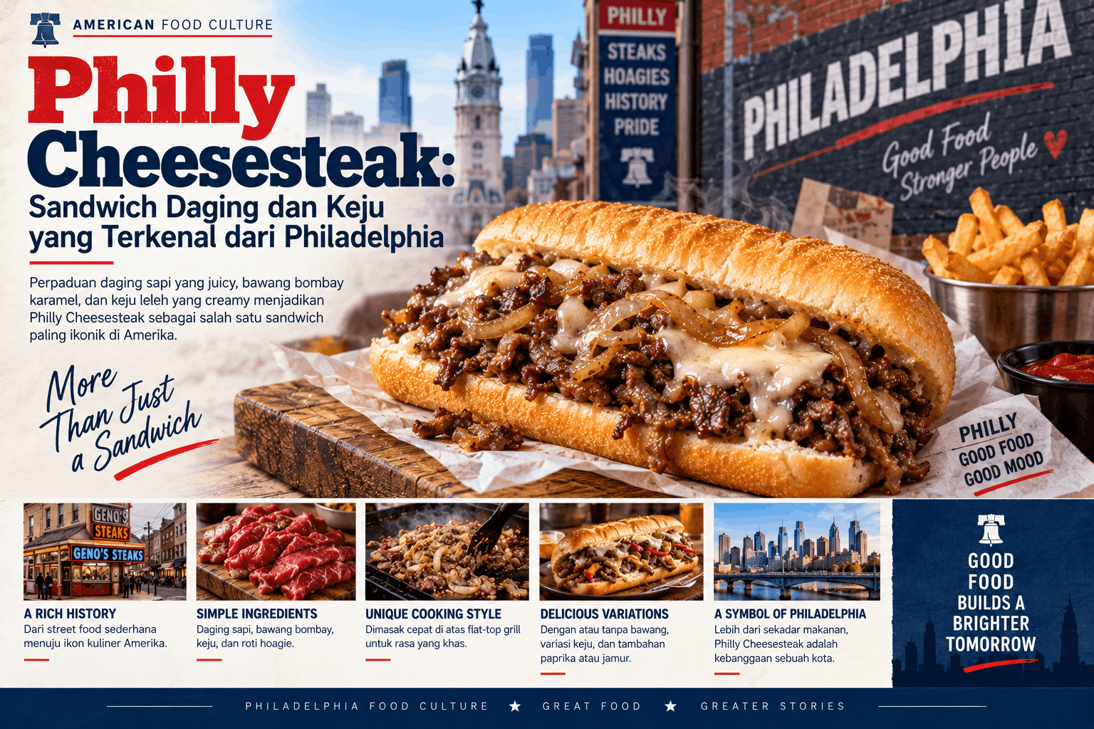 Ilustrasi Philly cheesesteak dengan daging sapi iris tipis, bawang bombay karamel, keju leleh, roti hoagie, kentang goreng, dan latar kota Philadelphia