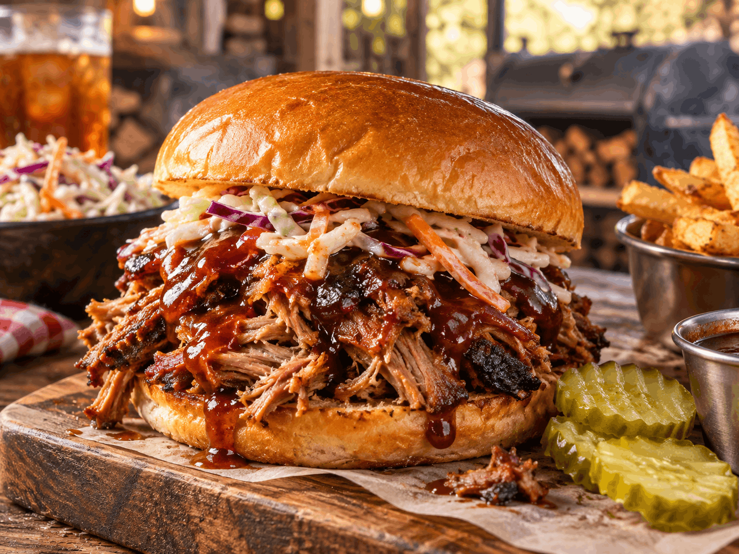 Ilustrasi pulled pork sandwich dengan daging babi suwir saus barbecue, coleslaw, acar, roti lembut, dan suasana rustic khas barbecue Amerika