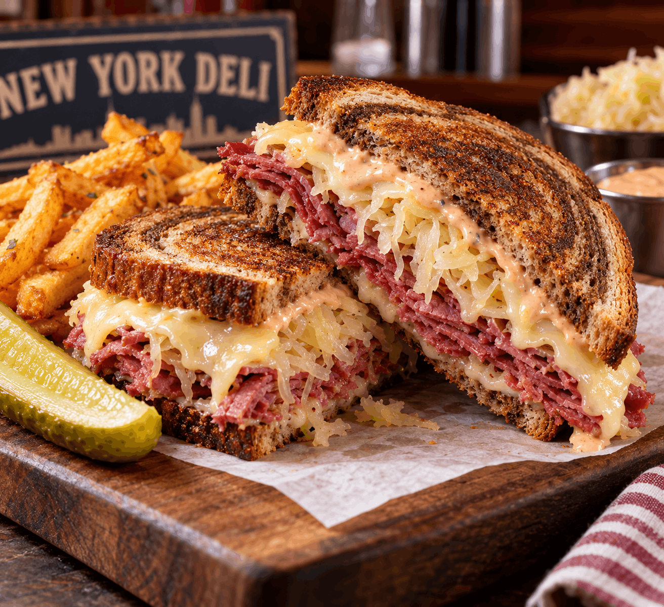 Ilustrasi Reuben sandwich dengan roti rye panggang, corned beef, keju Swiss leleh, sauerkraut, dressing creamy, kentang goreng, dan acar
