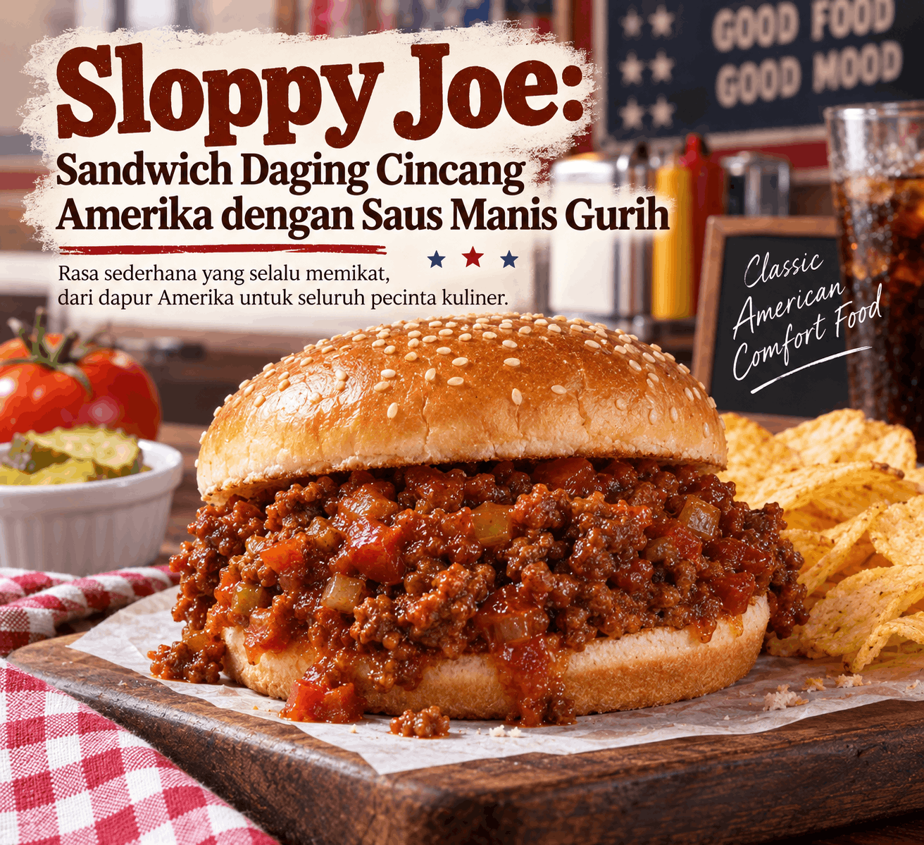Ilustrasi Sloppy Joe sandwich Amerika dengan daging cincang saus manis gurih, roti bun, acar, keripik kentang, dan suasana diner klasik